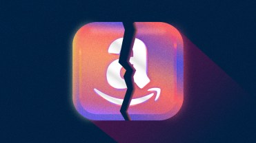 Pink and purple Amazon logo cracked in half on a dark navy blue background